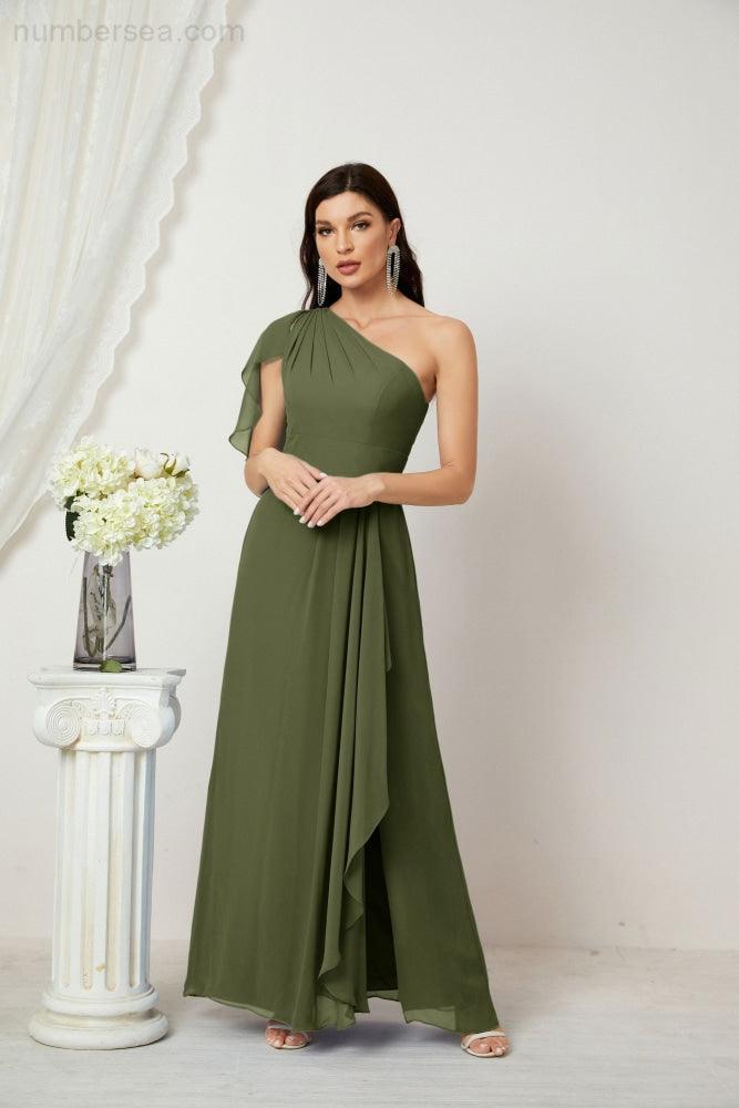 Abito da Sera Formale A-line con Spalla Singola e Balze in Chiffon, Spacco Laterale, per Damigelle, Modello 2809