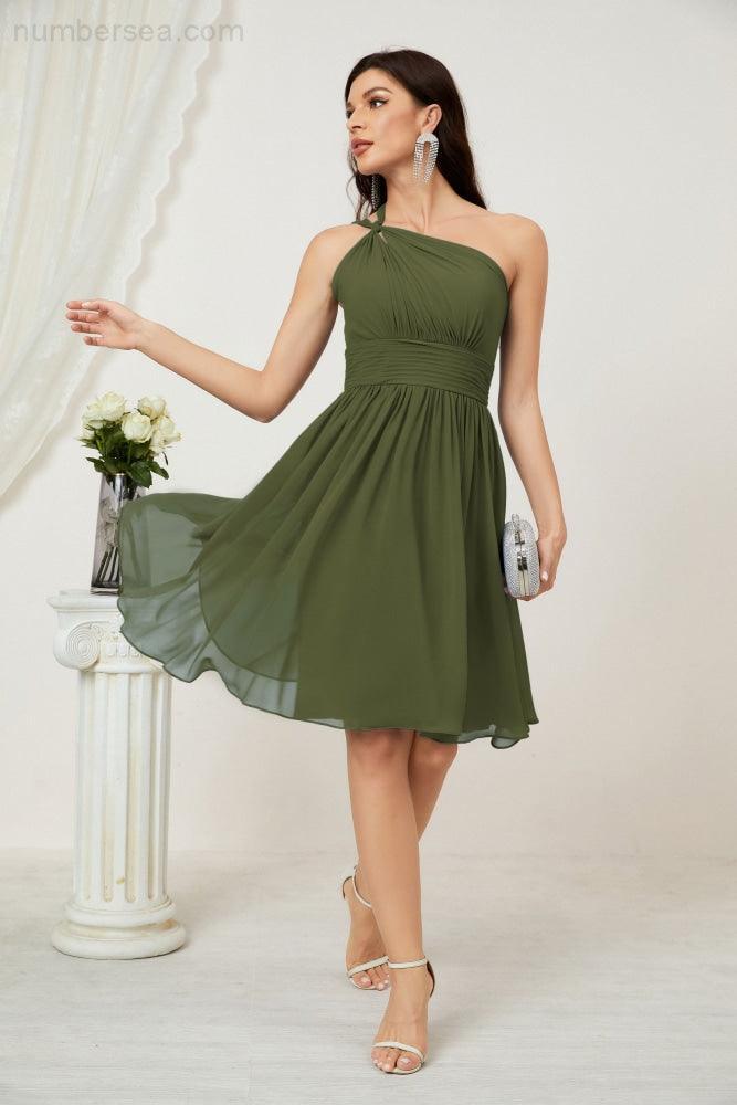 Numbersea Damen Chiffon Kurzes Ein-Schulter Brautjungfernkleid Festliche Kleider für Feier Heimkehr 2804