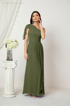Abito da Sera Formale A-line con Spalla Singola e Balze in Chiffon, Spacco Laterale, per Damigelle, Modello 2809