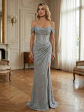 Silver Off Shoulder Sparkly Ruched Bodice Mesh Long Prom Dress With Slit