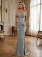 Silver Off Shoulder Sparkly Ruched Bodice Mesh Long Prom Dress With Slit