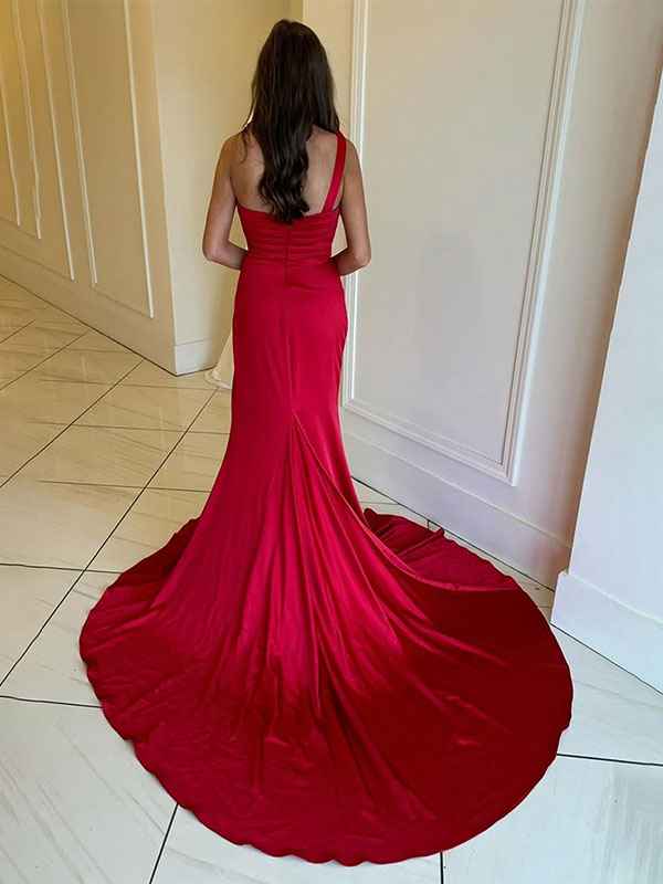 Stunning Red Mermaid Ruched One Shoulder Long Prom Dress