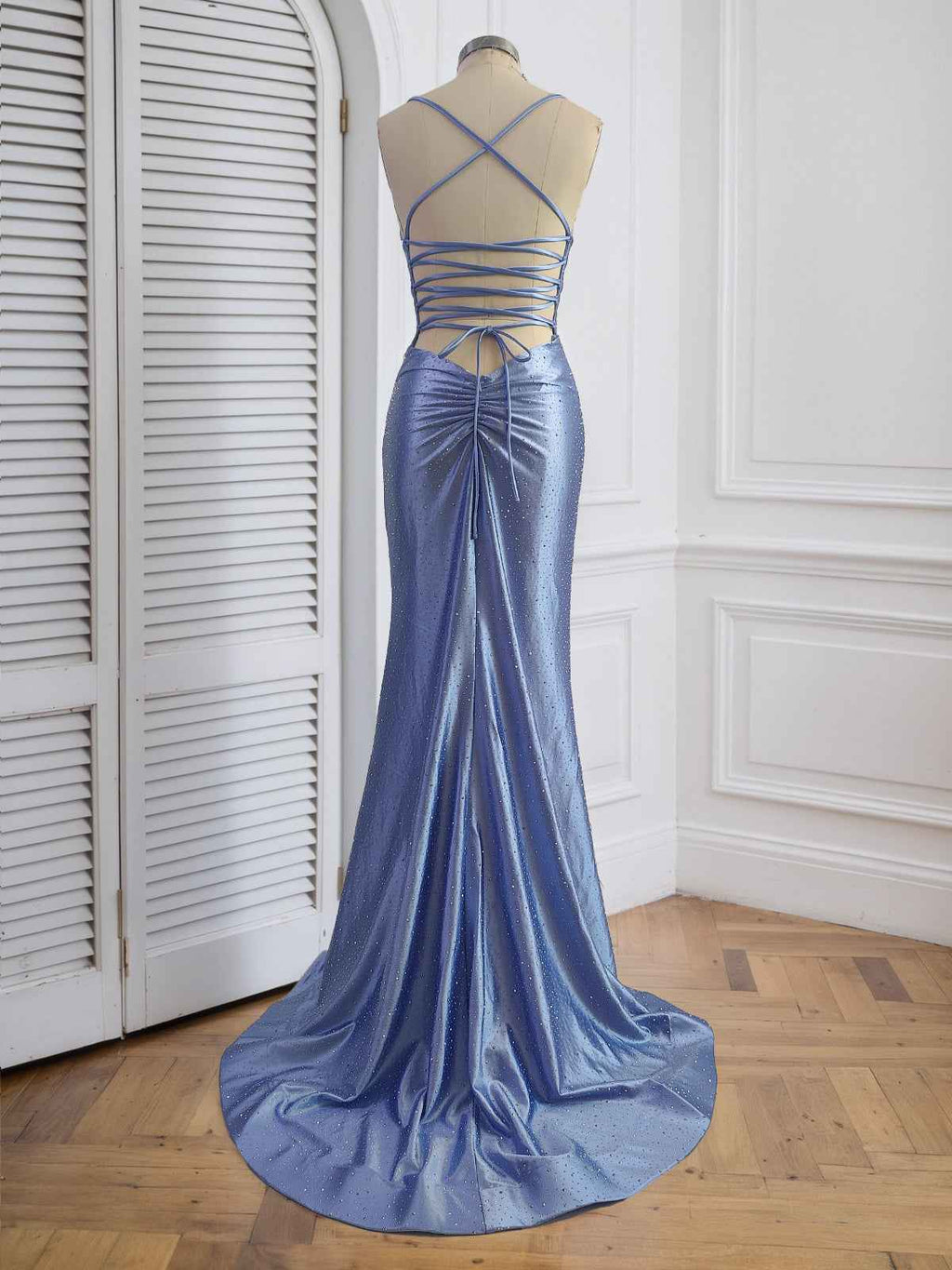 Light Blue Mermaid Prom Dress Rhinestone V Neck
