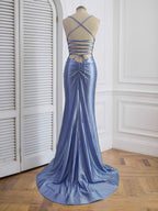Light Blue Mermaid Prom Dress Rhinestone V Neck