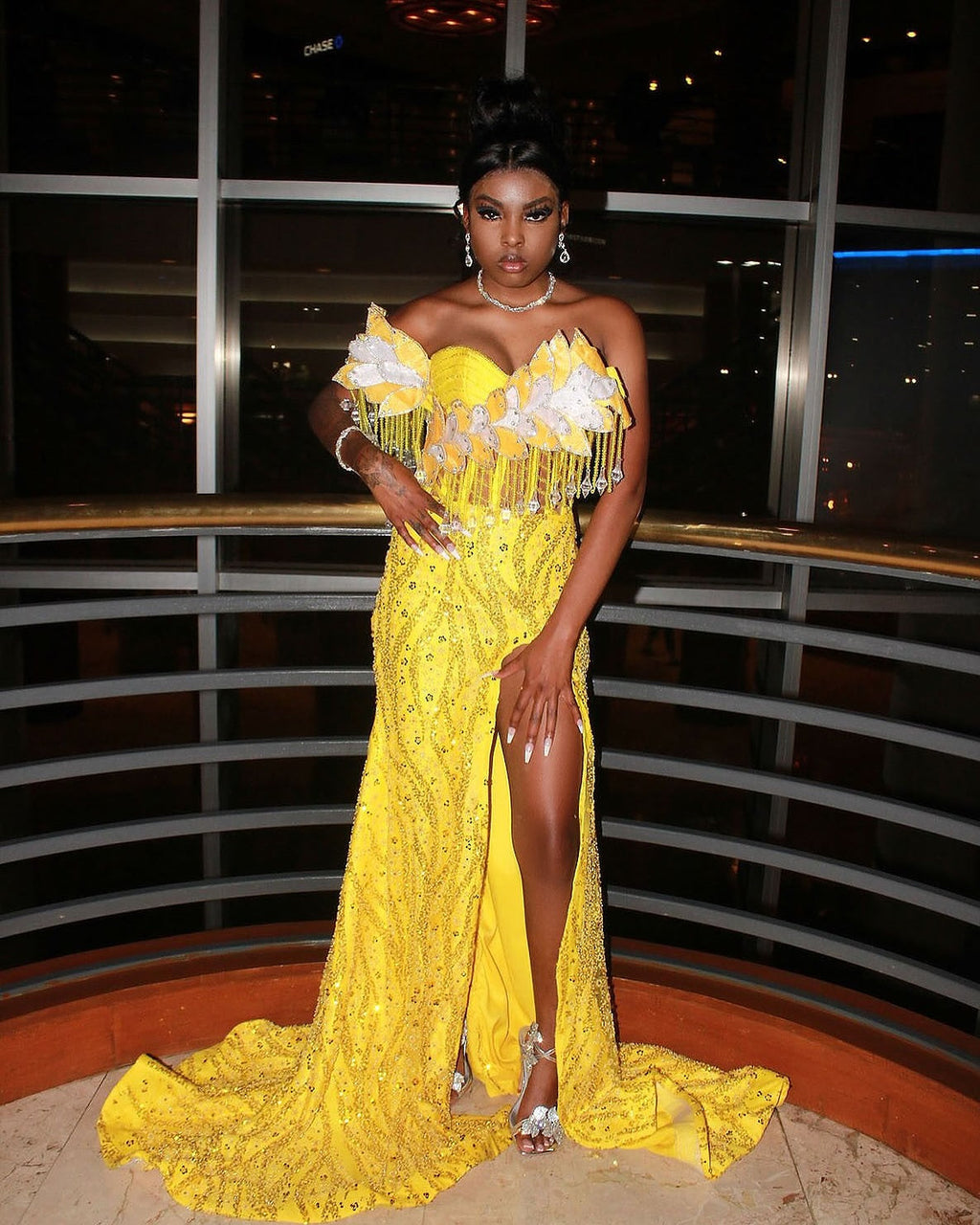 Golden Sunflower Off Shoulder Evening Gown White Floral Appliques Crystal Fringe