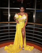 Golden Sunflower Off Shoulder Evening Gown White Floral Appliques Crystal Fringe
