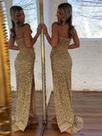 Champagne Strapless Mermaid Prom Dress With Slit And Sparkling Embellishments