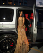 Champagne Elegance Beaded Mermaid Prom Dress With Lace Up Back