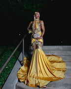 Regal Golden Yellow Mermaid Prom Dress With 3D Embroidery And Illusion Cutouts