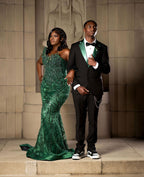 Emerald Green One Shoulder Sequin Beaded Mermaid Prom Dress