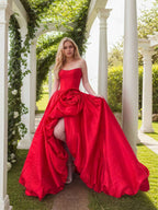 Black Rhinestone Strapless Satin Prom Dress With High Slit