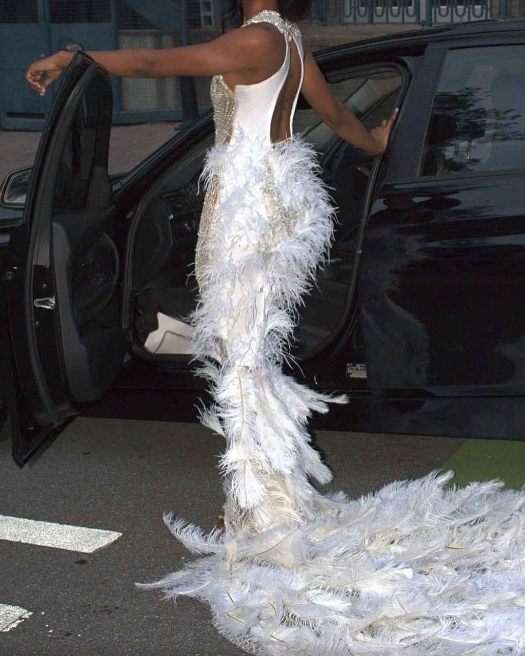 White Angel Crystal Beaded Mermaid Evening Gown With Plunging V Neck Open Back