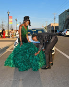 Emerald Forest Royale Sequin Mermaid Gown With Corset Back Cloud Ruffle Train