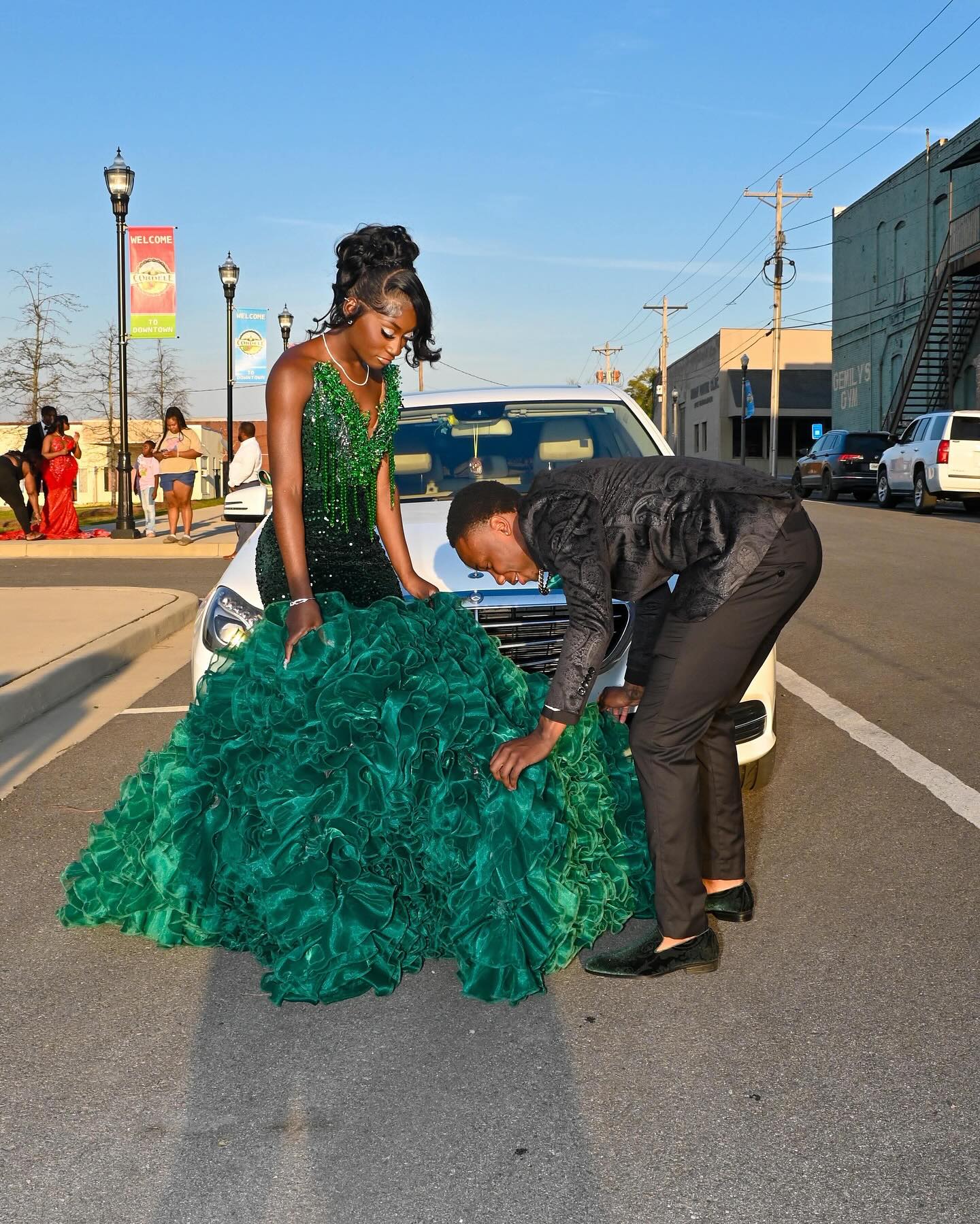 Emerald Forest Royale Sequin Mermaid Gown With Corset Back Cloud Ruffle Train