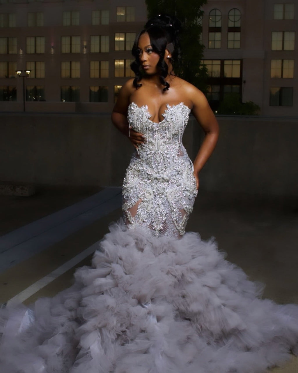 Silver Cloud Crystal Beaded Mermaid Gown Sweetheart Neckline Tulle Train