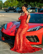 Red Sheer Illusion Beaded Mermaid Prom Dress With 3D Florals