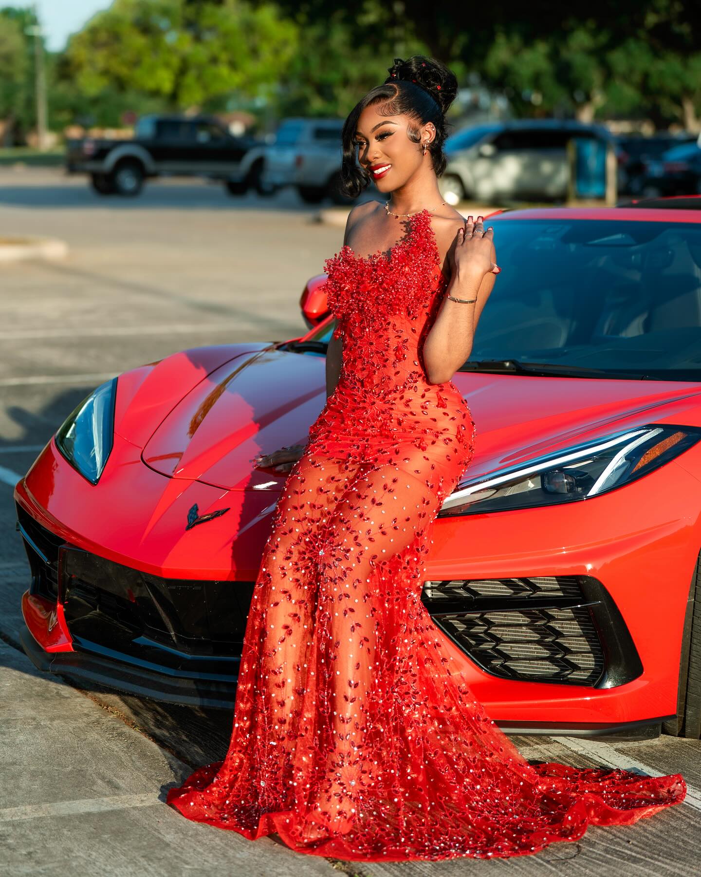 Red Sheer Illusion Beaded Mermaid Prom Dress With 3D Florals