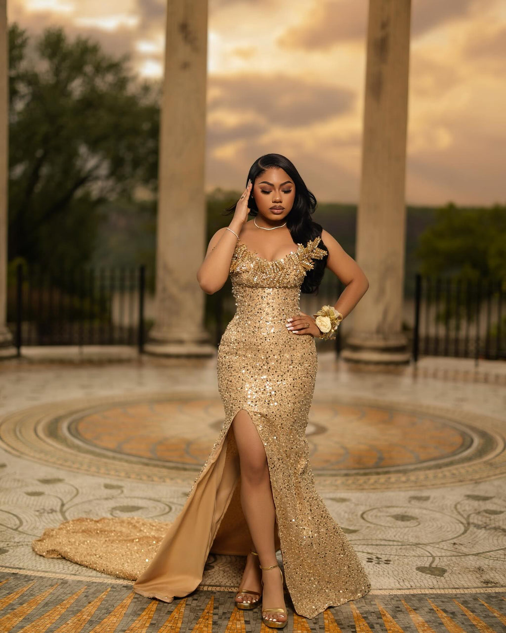 Luxury 24K Gold Sequin Prom Dress Sculptural 3D Floral Neckline Mermaid Gown