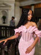 Pink Off Shoulder Sequin Beaded Mermaid Prom Dress With 3D Floral Details