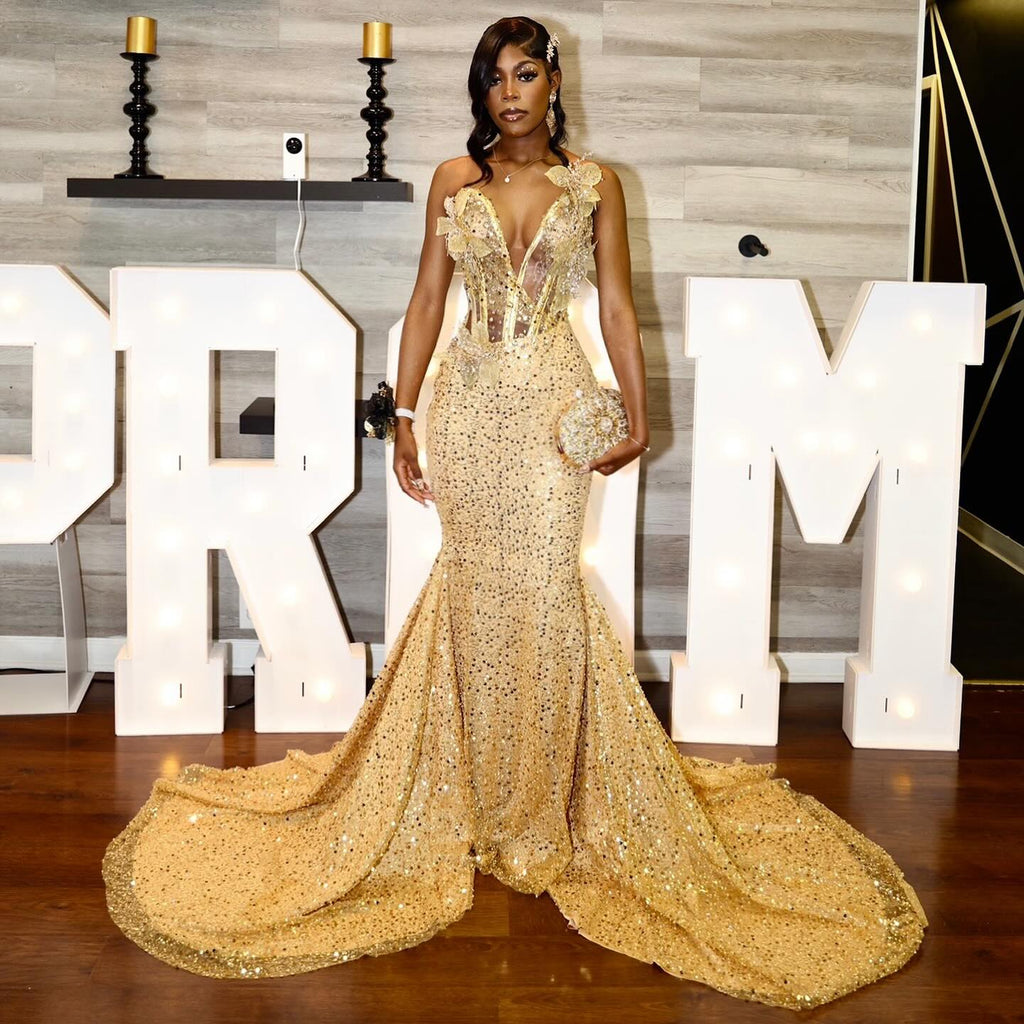 24K Gold Sequined Corset Mermaid Prom Dress With 3D Florals