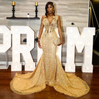24K Gold Sequined Corset Mermaid Prom Dress With 3D Florals