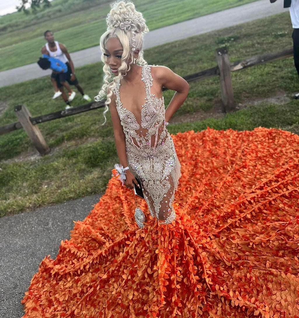 Orange Flame Crystal Beaded Mermaid Prom Dress With Massive 3D Petal Train