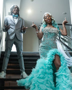 Tiffany Blue Crystal Mermaid Gown With 3D Leaf Bodice And Tiered Prom Dress