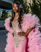 Blush Pink Mermaid Gown With Crystal Beaded And Tulle Overskirt