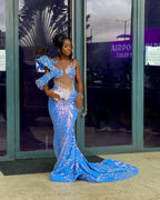Blue Butterfly Beaded Mermaid Gown With One Shoulder Lace Applique