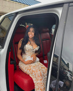 Champagne Elegance Crystal Pearl Beaded Mermaid Gown 3D Floral Lace Neckline