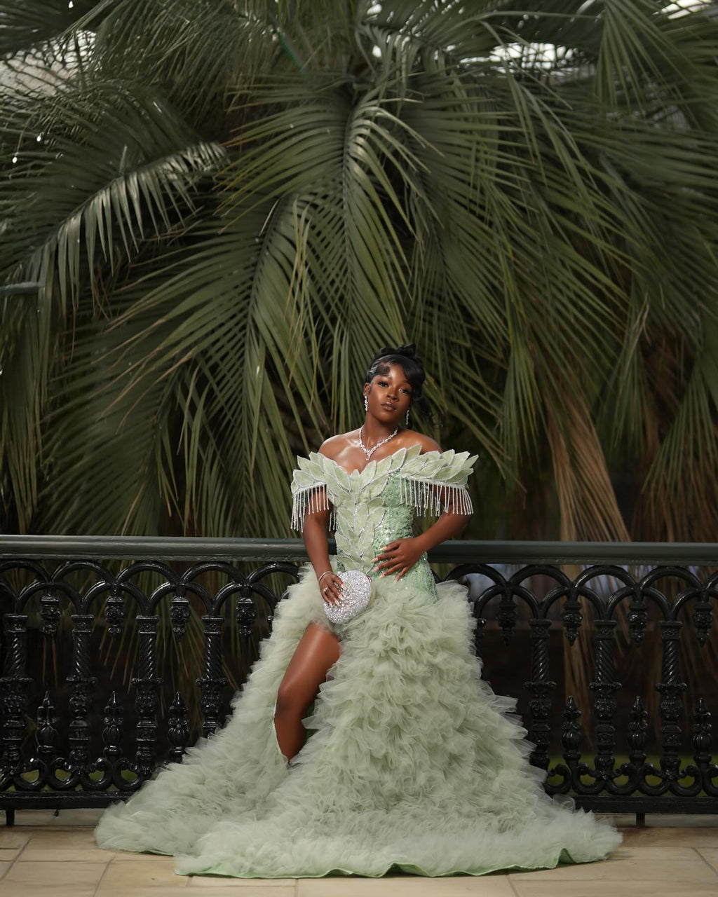 Mint Green Off Shoulder Sequin Beaded Prom Dress With 3D Leaf Applique Train