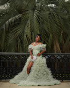 Mint Green Off Shoulder Sequin Beaded Prom Dress With 3D Leaf Applique Train