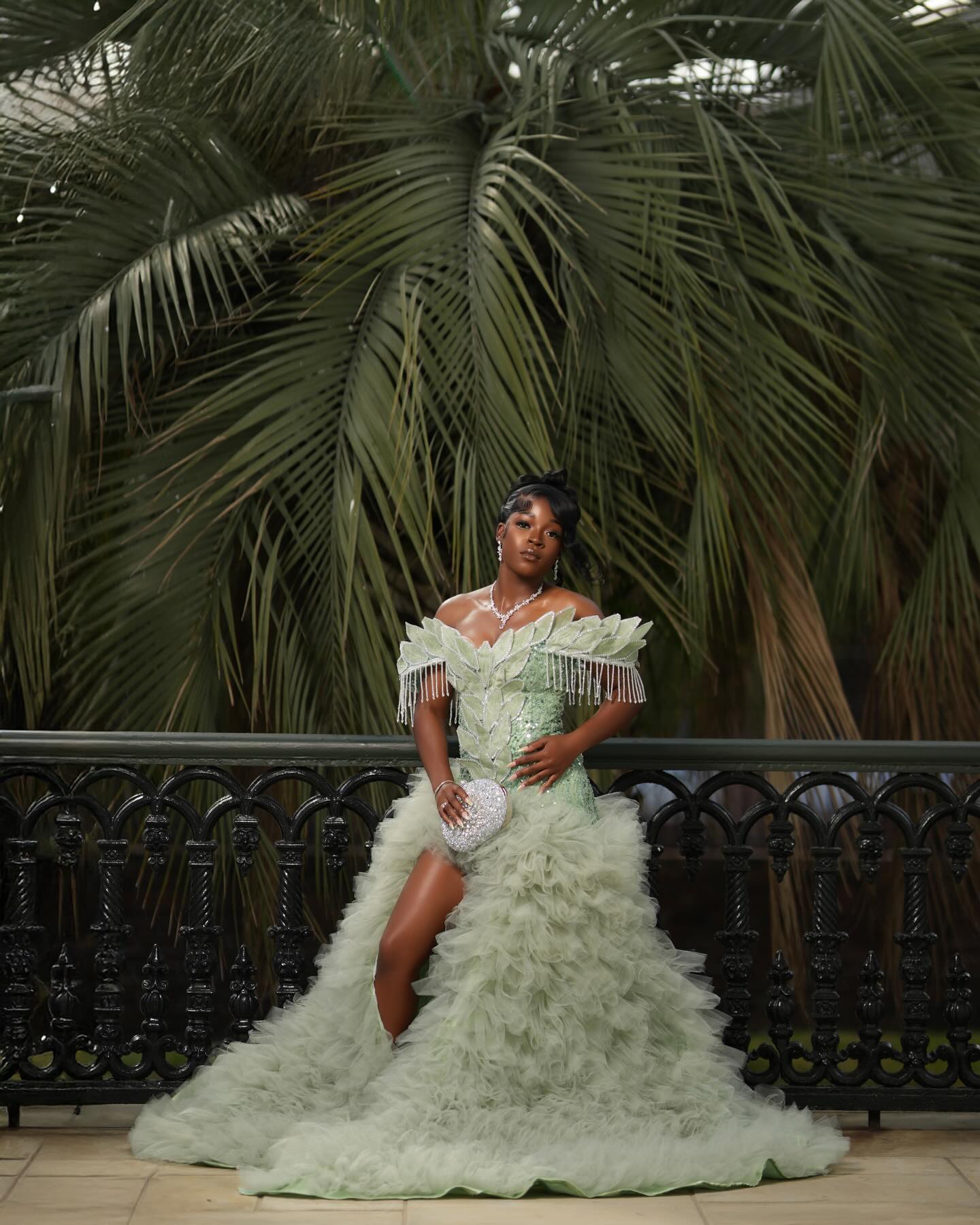 Mint Green Off Shoulder Sequin Beaded Prom Dress With 3D Leaf Applique Train