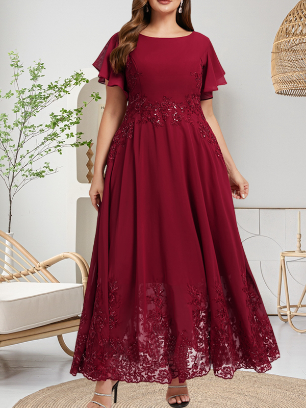 Robe de mère de la mariée en mousseline de soie à dentelle, longueur cheville, en forme trapèze avec décolleté arrondi et paillettes