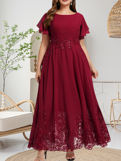 Vestido de gasa con encaje y lentejuelas para madre de la novia, corte A, escote redondo hasta los tobillos
