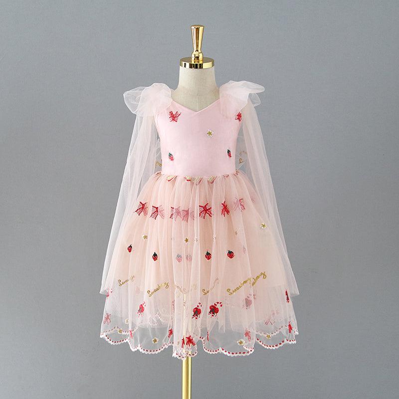 Pink Tulle Knee Length Strawberry Embroidery Flower Girl Dress