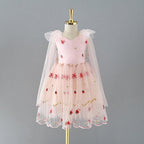 Pink Tulle Knee Length Strawberry Embroidery Flower Girl Dress