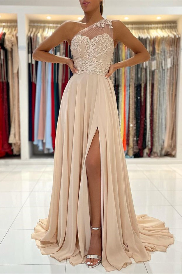 Custom One Shoulder Prom Dress With Lace Appliques And Front Split