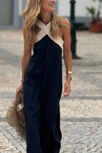 Robe longue à col bénitier bretelles croisées évasée en bloc de couleurs