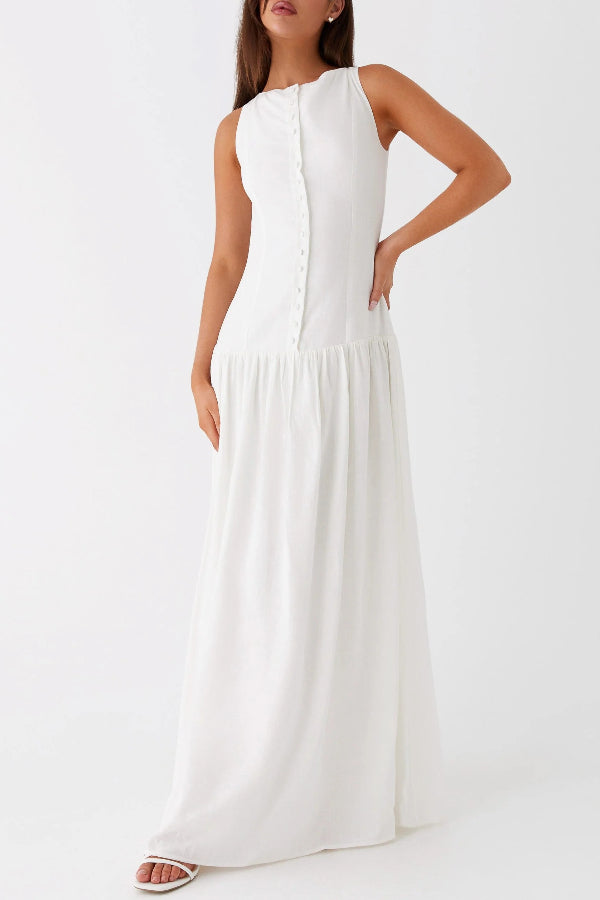 Vestido largo de noche inolvidable de mezcla de lino con botones y cintura baja 