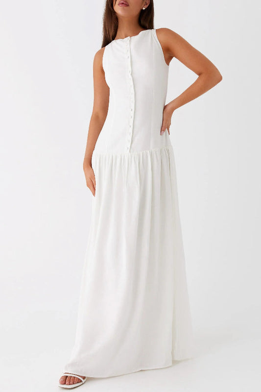 Unforgettable Evening – Maxikleid aus Leinenmischung mit Knopfleiste und tiefer Taille 