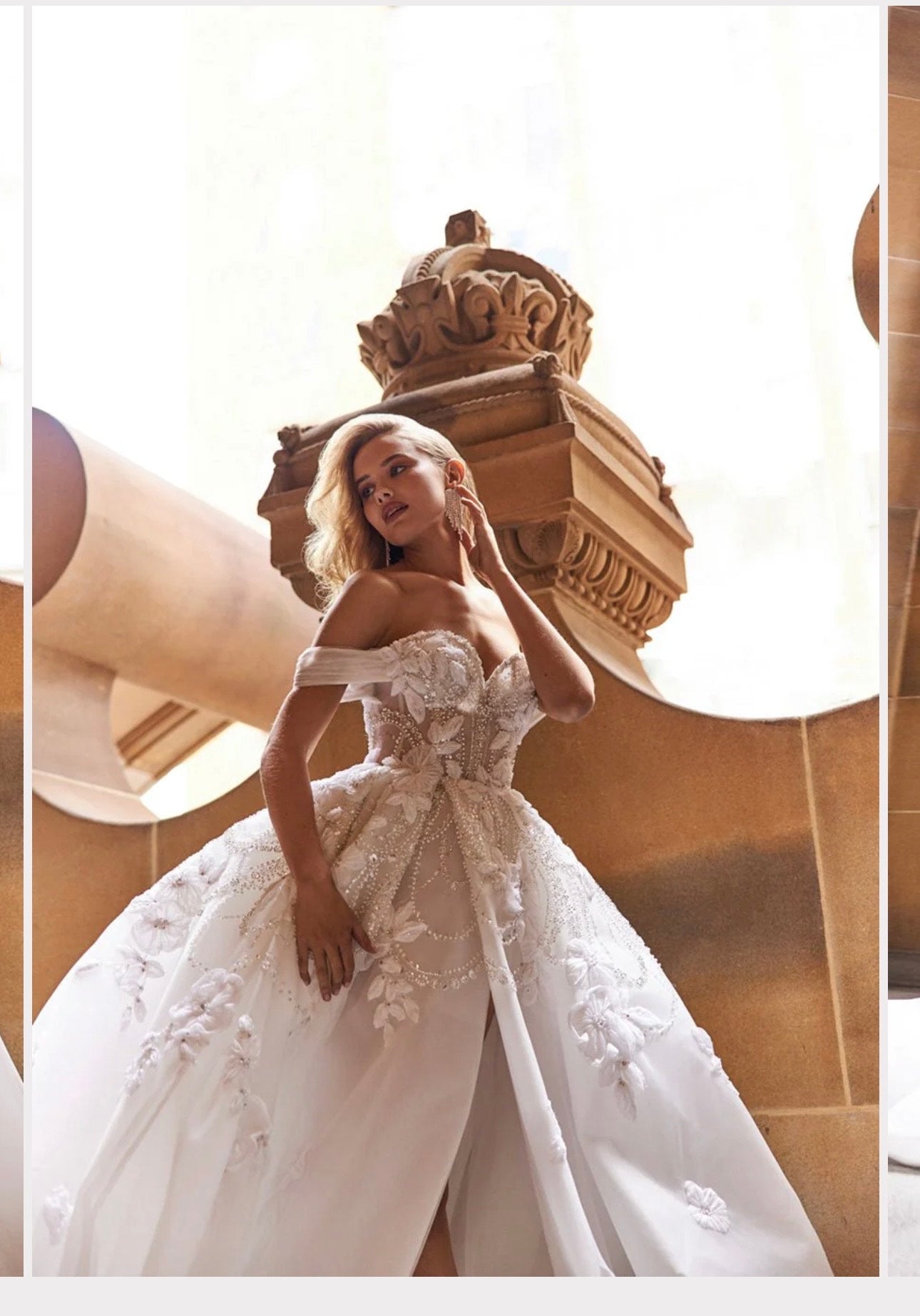 Langes Ballkleid, schulterfrei, Paillettenapplikation, Spitzen-Brautkleider mit Schlitz