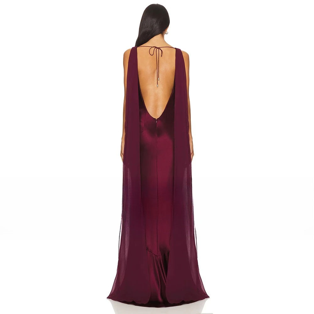 Burgundy Mermaid Women's Evening Gown Boat Neck Evening Dress For Wedding  Sleeveless  Long Backless Formal Dress