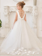 Elegant White Tulle Flower Girl Applique Lace Dress With Sweep Train