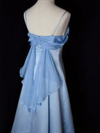 Vestido de Festa Longo em Cetim Azul Elegante com Alças Finas Estilo Linha A Vestido de Baile Y7557
