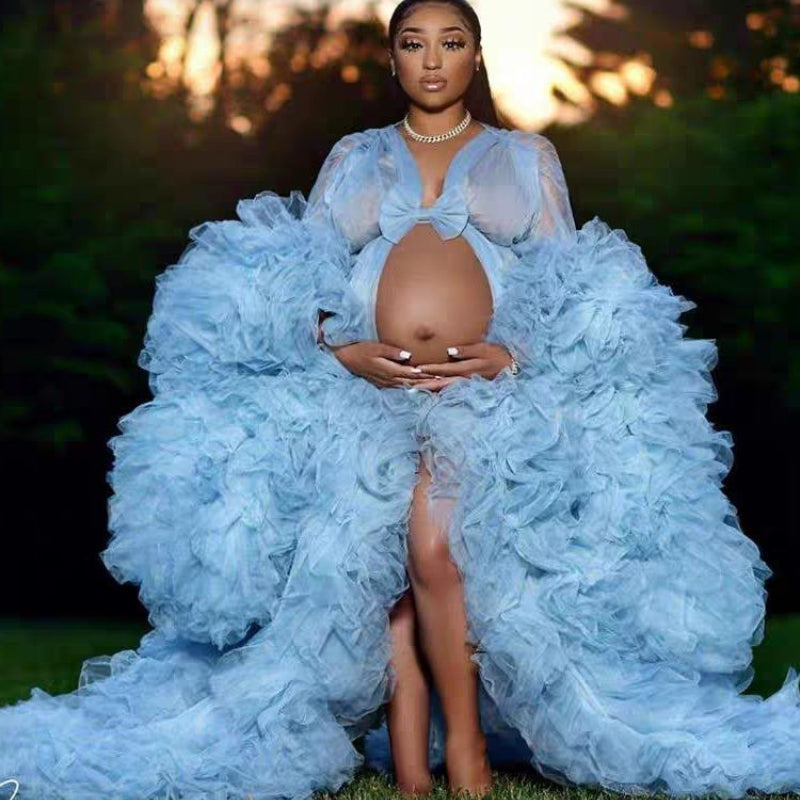 6123 # Nouvelle robe photo en maille pour femmes enceintes décolleté en V transparent multicolore peut être faite pour la fête 
