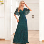 Butterfly See Through Sleeve Pairs V Neck Pleated A Large Swing Evening Dress Wedding Sequined Mop Dress