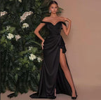 Off Shoulder Black Satin Mermaid Evening Dress With Side Slit And Ruffles