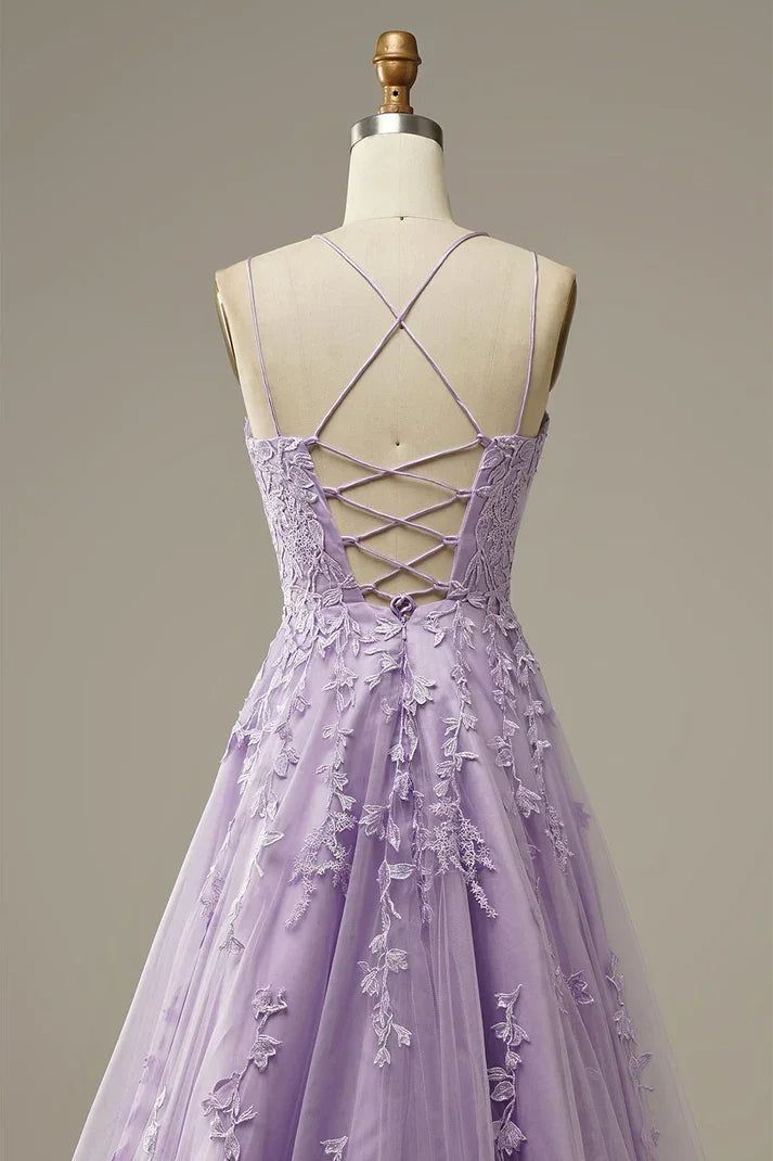 Abiti da sera eleganti color lavanda a linea con applicazioni per feste Vestito da sera Y1129
