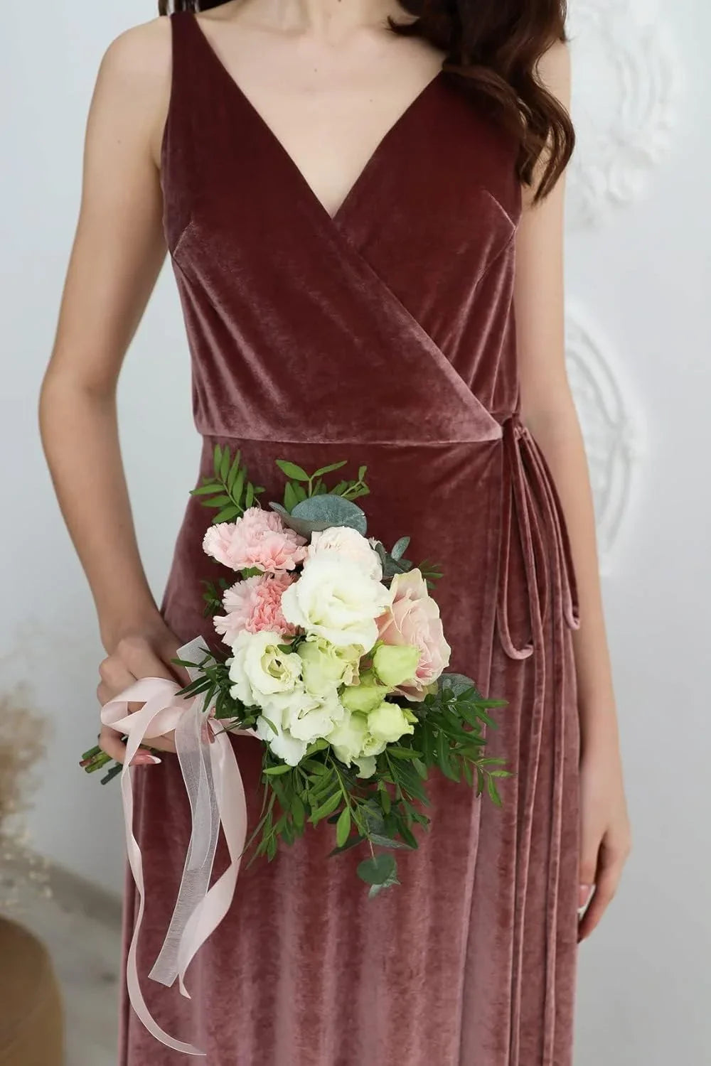 Vestido de Dama de Honra de Veludo com Decote em V, Comprido, para Festa Formal Feminina com Fenda